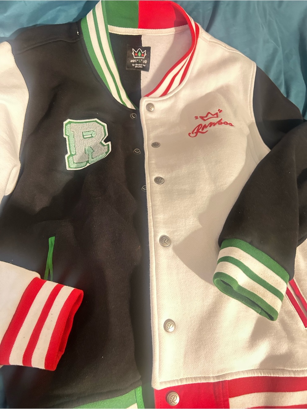 Ranboo Kids Two-Tone Varsity Jacket in Black, White & Green